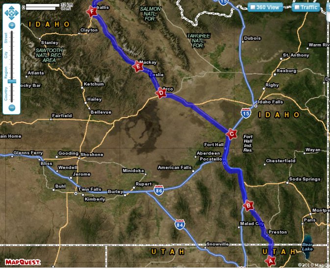 Mapfrom Smithfield, Utah to Challis, Idaho